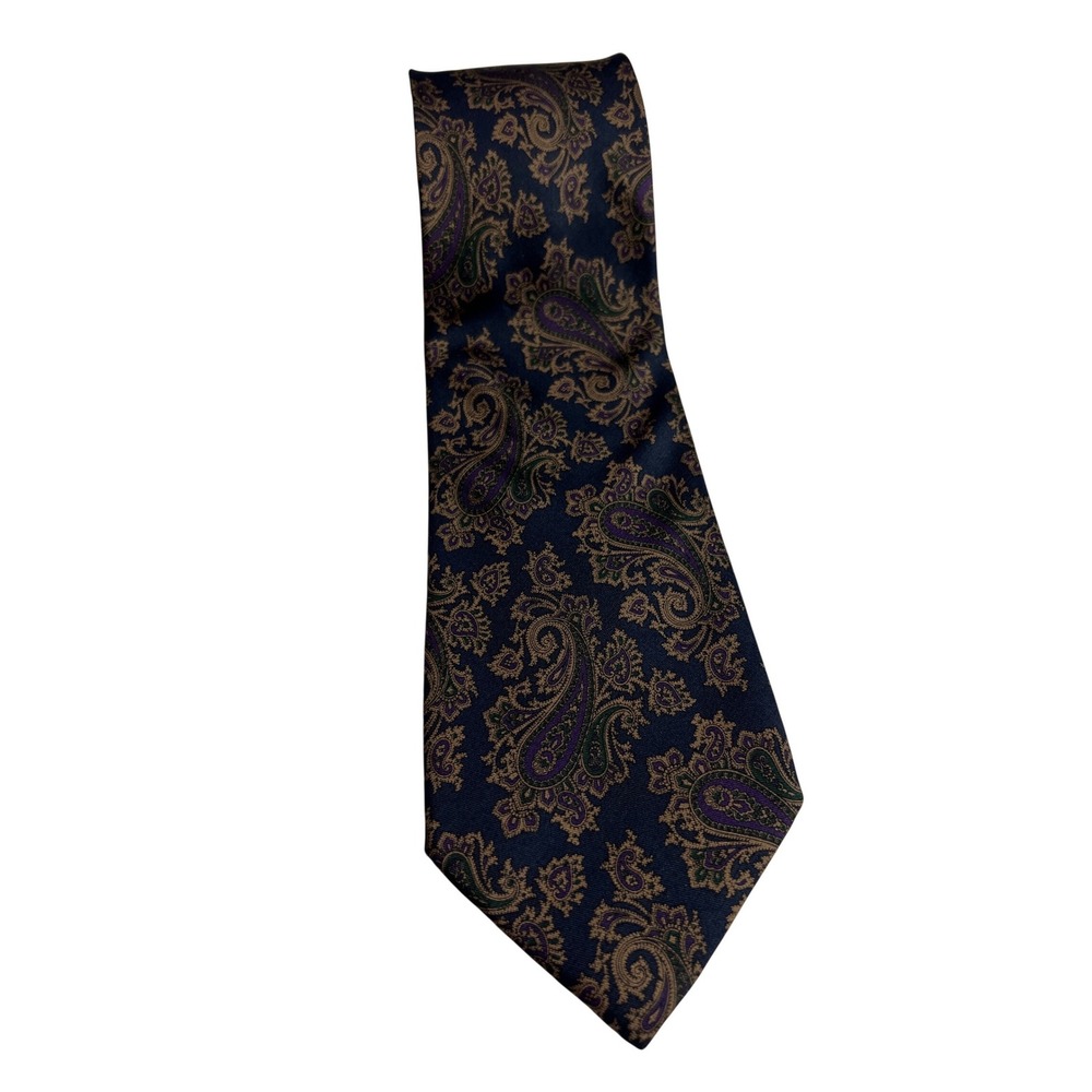 Fratelli Mens Silk Necktie‎ Navy Paisley Handmade in Italy Purple Green Gold E26